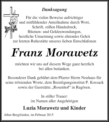 Traueranzeige von Franz Morawetz von WVG - Wochenspiegel Dessau / Köthen