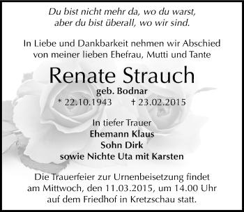 Traueranzeige von Renate Strauch von Mitteldeutsche Zeitung Zeitz