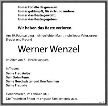 Traueranzeige von Werner Wenzel von Mitteldeutsche Zeitung Weißenfels