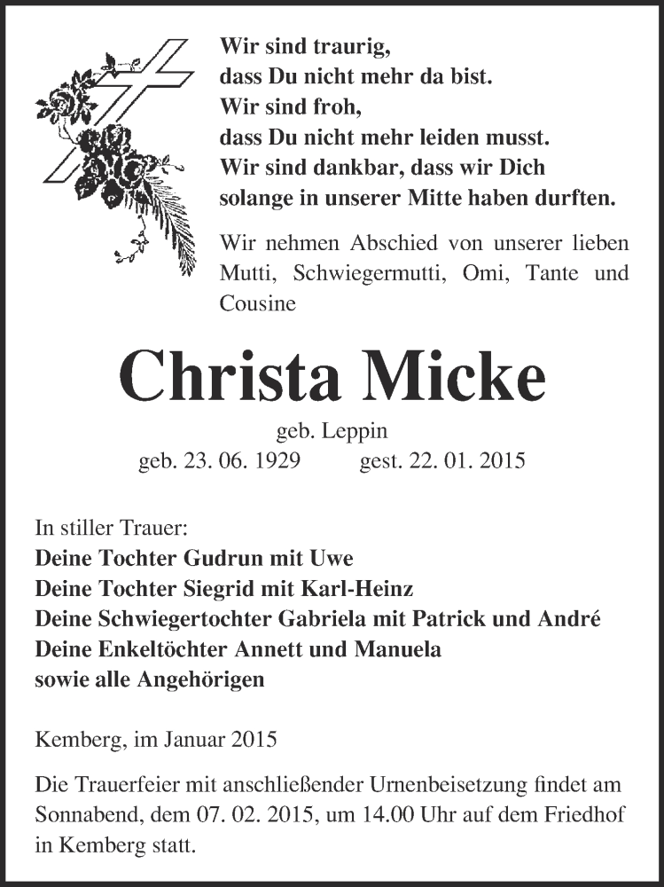  Traueranzeige für Christa Micke vom 01.02.2015 aus WVG - Wochenspiegel Wittenberg