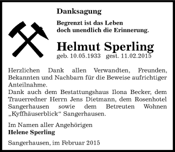 Traueranzeige von Helmut Sperling von Mitteldeutsche Zeitung Sangerhausen