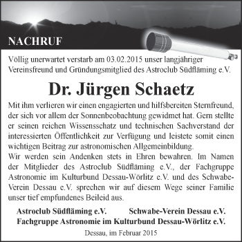 Traueranzeige von Jürgen Schaetz von Super Sonntag Dessau / Köthen