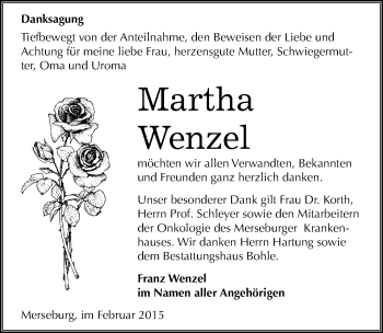 Traueranzeige von Martha Wenzel von Mitteldeutsche Zeitung Merseburg/Querfurt