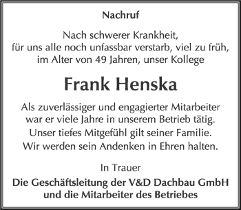 Traueranzeige von Frank Henska von Mitteldeutsche Zeitung Wittenberg