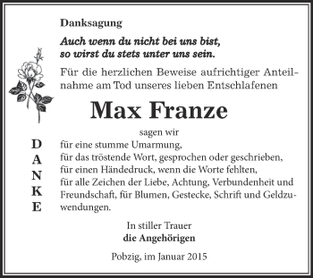 Traueranzeige von Max Franze von Super Sonntag Bernburg