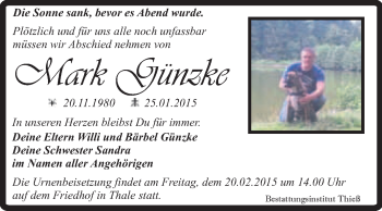 Traueranzeige von Mark Günzke von Super Sonntag Quedlinburg