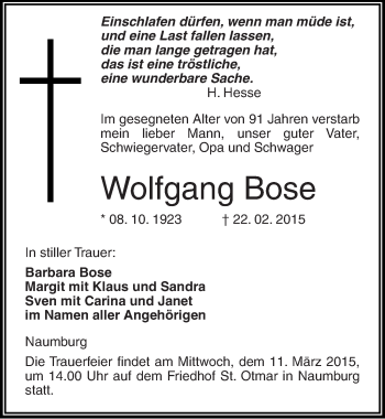 Traueranzeige von Wolfgang Bose von Mitteldeutsche Zeitung Naumburg/Nebra