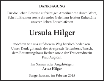 Traueranzeige von Ursula Hilger von Super Sonntag SGH Mansf. Land