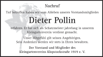 Traueranzeige von Dieter Pollin von Super Sonntag Aschersleben