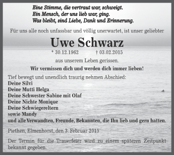 Traueranzeige von Uwe Schwarz von WVG - Wochenspiegel Dessau / Köthen