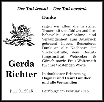 Traueranzeige von Gerda Richter von Mitteldeutsche Zeitung Bernburg