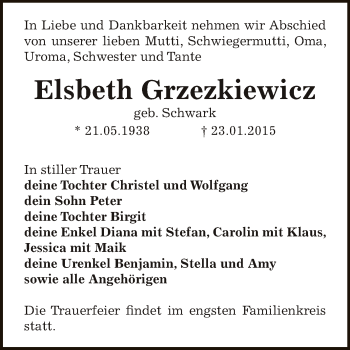 Traueranzeige von Elsbeth Grzezkiewicz von WVG - Wochenspiegel Dessau / Köthen