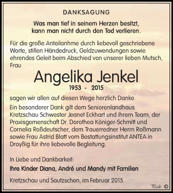 Traueranzeige von Angelika Jenkel von Super Sonntag Zeitz