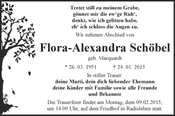 Traueranzeige von Flora-Alexandra Schöbel von WVG - Wochenspiegel Quedlinburg