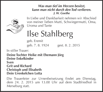 Traueranzeige von Ilse Stahlberg von WVG - Wochenspiegel Merseburg