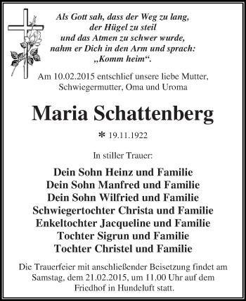 Traueranzeige von Maria Schattenberg von WVG - Wochenspiegel Dessau / Köthen