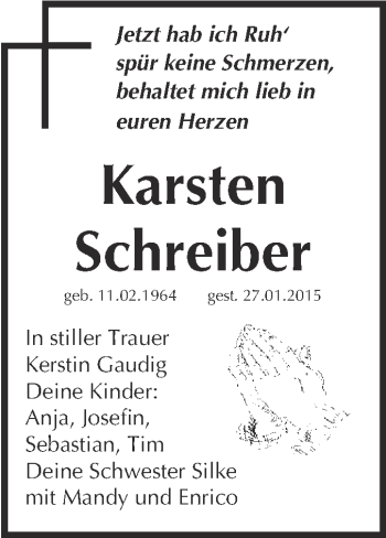 Traueranzeige von Karsten Schreiber von WVG - Wochenspiegel NMB / WSF / ZTZ