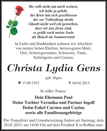 Traueranzeige von Christa Lydia Gens von WVG - Wochenspiegel Dessau / Köthen