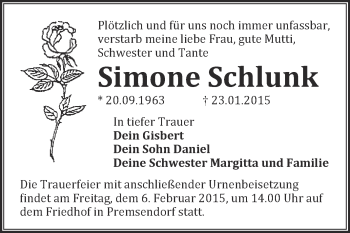 Traueranzeige von Simone Schlunk von WVG - Wochenspiegel Wittenberg