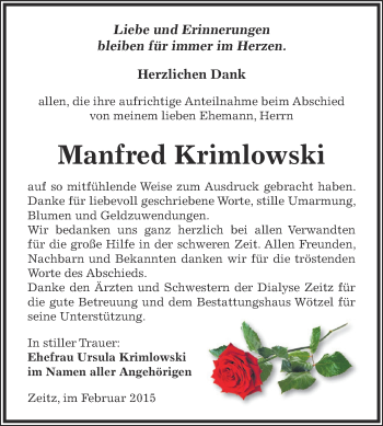 Traueranzeige von Manfred Krimlowski von Super Sonntag Zeitz