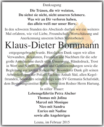 Traueranzeige von Klaus-Dieter Bornmann von Super Sonntag Merseburg