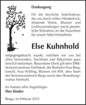 Traueranzeige von Else Kuhnhold von Super Sonntag SGH Mansf. Land