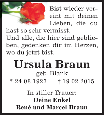 Traueranzeige von Ursula Braun von Mitteldeutsche Zeitung Zeitz