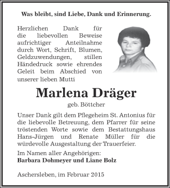 Traueranzeige von Marlena Dräger von Super Sonntag Aschersleben