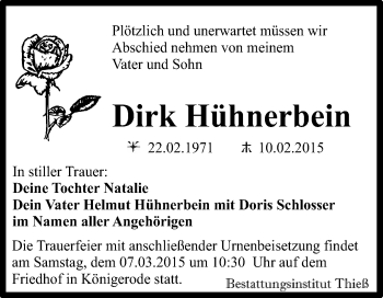 Traueranzeige von Dirk Hühnerbein von Super Sonntag Quedlinburg