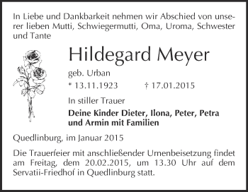 Traueranzeige von Hildegard Meyer von WVG - Wochenspiegel Quedlinburg