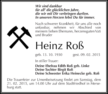 Traueranzeige von Heinz Roß von Mitteldeutsche Zeitung Merseburg/Querfurt
