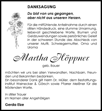 Traueranzeige von Martha Höppner von Mitteldeutsche Zeitung Bernburg