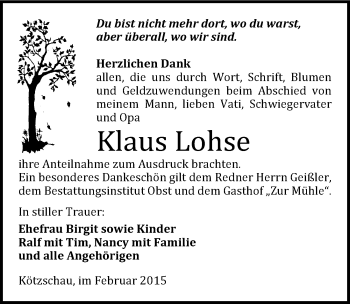 Traueranzeige von Klaus Lohse von Mitteldeutsche Zeitung Merseburg/Querfurt