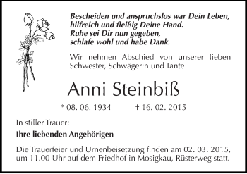 Traueranzeige von Anni Steinbiß von Mitteldeutsche Zeitung Dessau-Roßlau