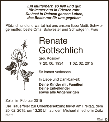 Traueranzeige von Renate Gottschlich von Super Sonntag Zeitz
