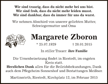 Traueranzeige von Margarete Zboron von Super Sonntag SGH Mansf. Land