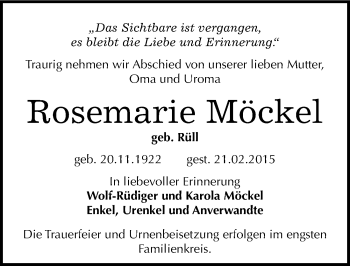 Traueranzeige von Rosemarie Möckel von Mitteldeutsche Zeitung Zeitz