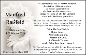 Traueranzeige von Manfred Raßfeld von Mitteldeutsche Zeitung Quedlinburg