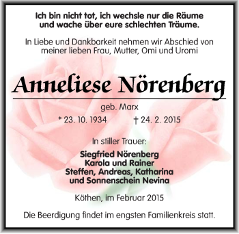 Traueranzeige von Anneliese Nörenberg von Mitteldeutsche Zeitung Köthen