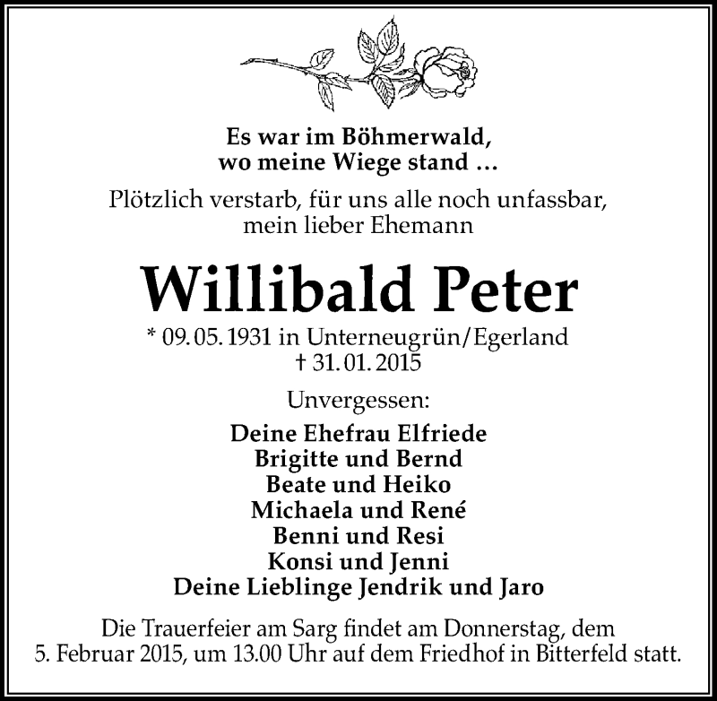  Traueranzeige für Willibald Peter vom 04.02.2015 aus Mitteldeutsche Zeitung Bitterfeld