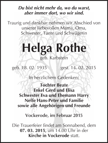 Traueranzeige von Helga Rothe von WVG - Wochenspiegel Wittenberg