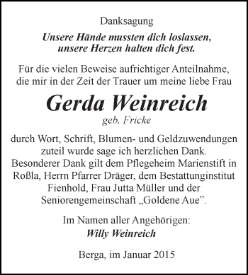 Traueranzeige von Gerda Weinreich von Super Sonntag SGH Mansf. Land