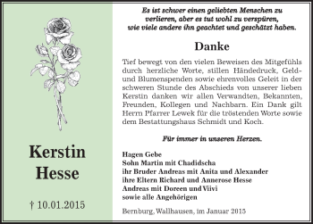Traueranzeige von Kerstin Hesse von Mitteldeutsche Zeitung Sangerhausen