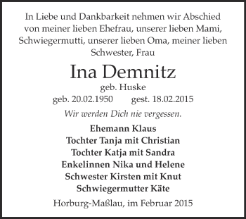 Traueranzeige von Ina Demnitz von Super Sonntag Merseburg