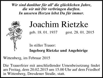 Traueranzeige von Joachim Rietzke von Mitteldeutsche Zeitung Wittenberg