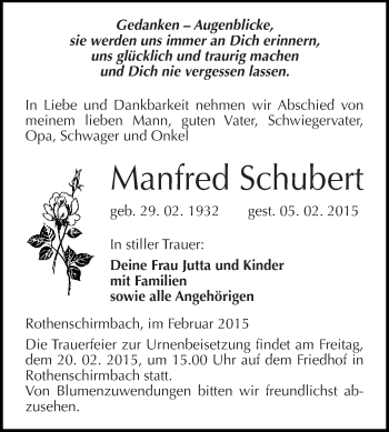 Traueranzeige von Manfred Schubert von Super Sonntag SGH Mansf. Land