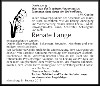 Traueranzeige von Renate Lange von Mitteldeutsche Zeitung Merseburg/Querfurt