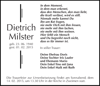 Traueranzeige von Dietrich Milster von Mitteldeutsche Zeitung Merseburg/Querfurt