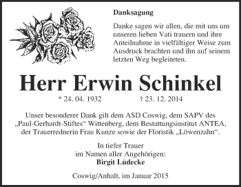 Traueranzeige von Erwin Schinkel von Super Sonntag Wittenberg