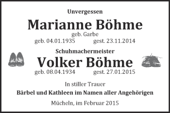Traueranzeige von Marianne und Volker Böhme von WVG - Wochenspiegel Merseburg